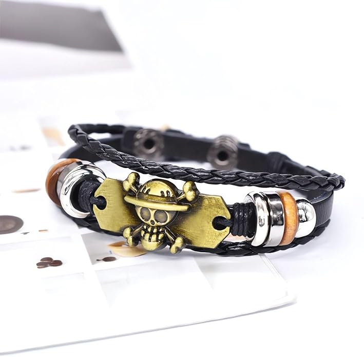 3Pcs Anime Leather Bracelets, Skull Punk Alloy Cuff Wristband