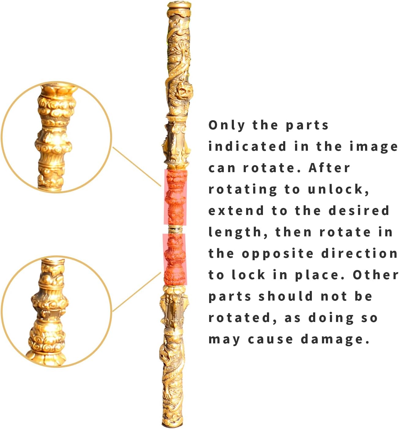 67-Inch Handcrafted Retractable Metal Staff -Inspired Gold-Banded Staff