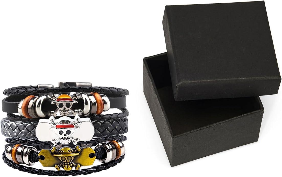 3Pcs Anime Leather Bracelets, Skull Punk Alloy Cuff Wristband