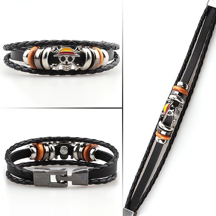 3Pcs Anime Leather Bracelets, Skull Punk Alloy Cuff Wristband