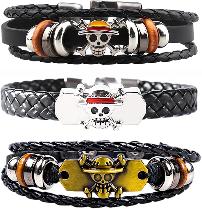 3Pcs Anime Leather Bracelets, Skull Punk Alloy Cuff Wristband