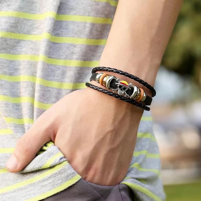 3Pcs Anime Leather Bracelets, Skull Punk Alloy Cuff Wristband